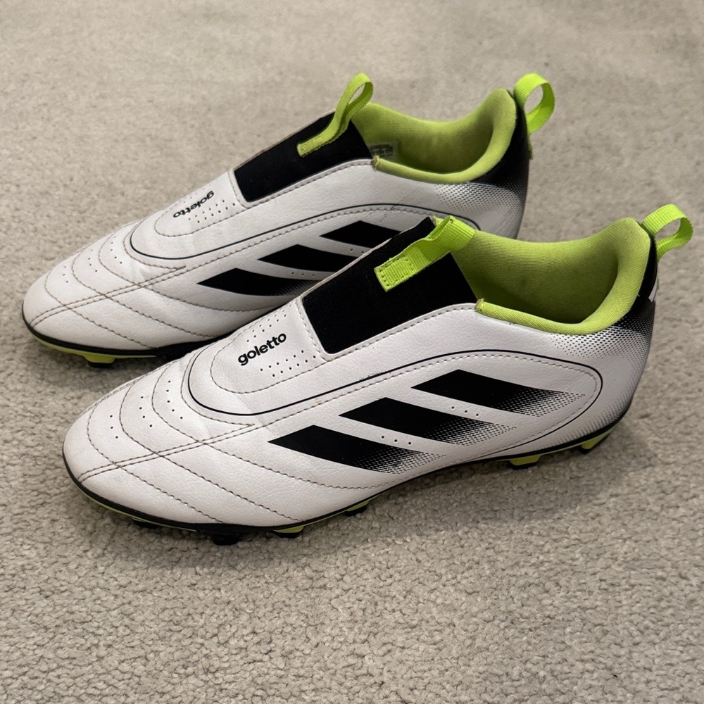 adidas Kids White & Black Soccer Shoes with Lime Accents